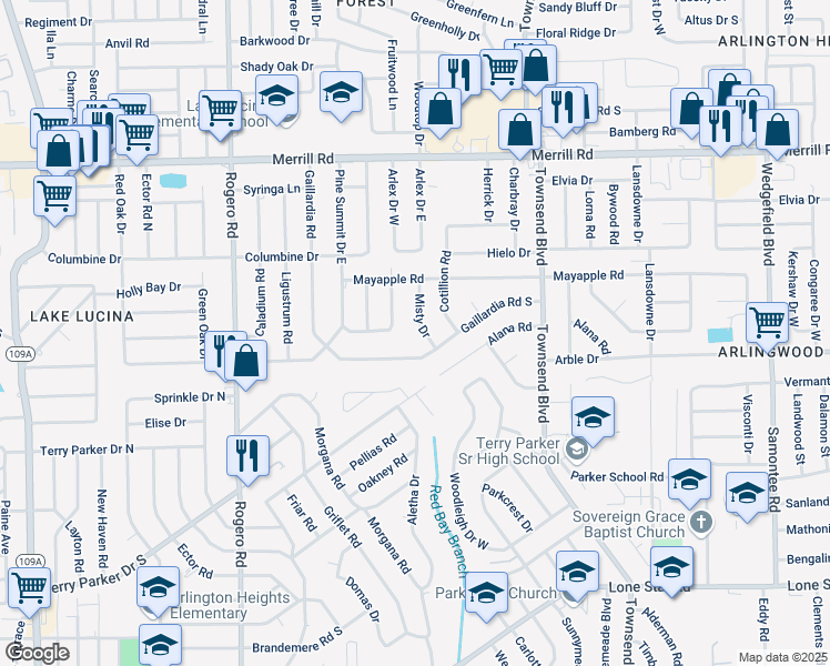 map of restaurants, bars, coffee shops, grocery stores, and more near 2335 Misty Drive in Jacksonville