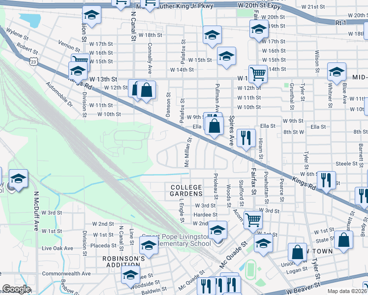 map of restaurants, bars, coffee shops, grocery stores, and more near 2119 College Circle South in Jacksonville
