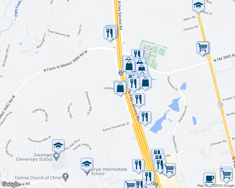 map of restaurants, bars, coffee shops, grocery stores, and more near 2551 Interstate 45 North in Conroe