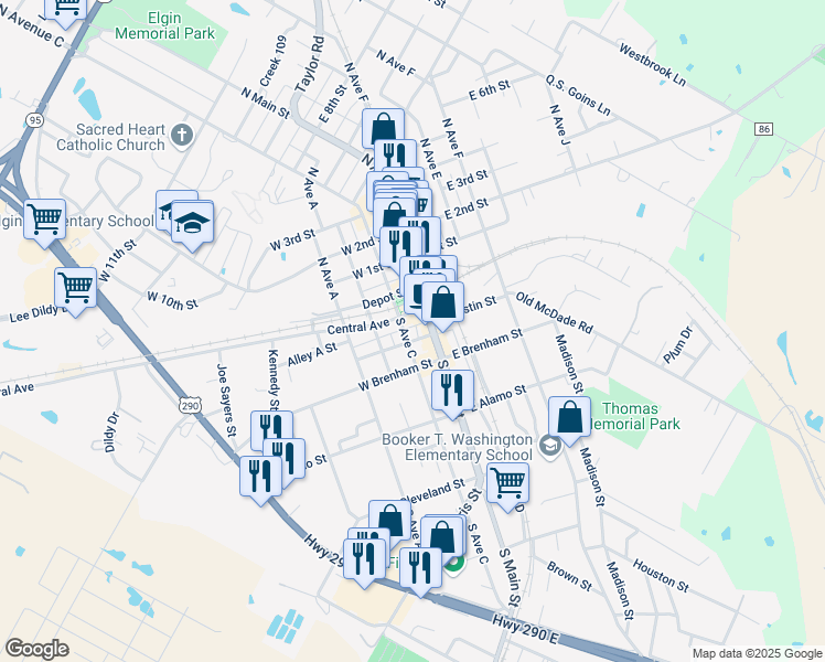 map of restaurants, bars, coffee shops, grocery stores, and more near 119 Central Avenue in Elgin