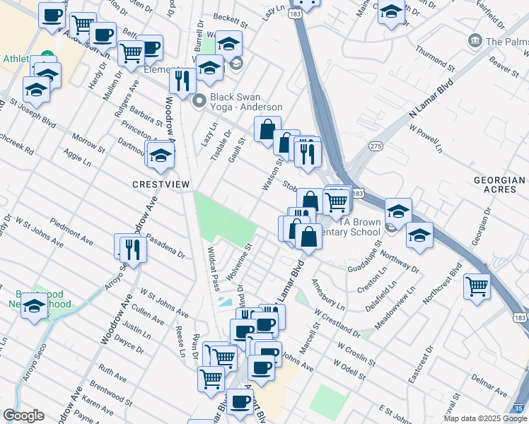 map of restaurants, bars, coffee shops, grocery stores, and more near 1011 Taulbee Lane in Austin