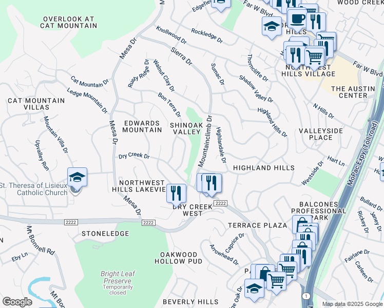 map of restaurants, bars, coffee shops, grocery stores, and more near 6009 Marquesa Drive in Austin