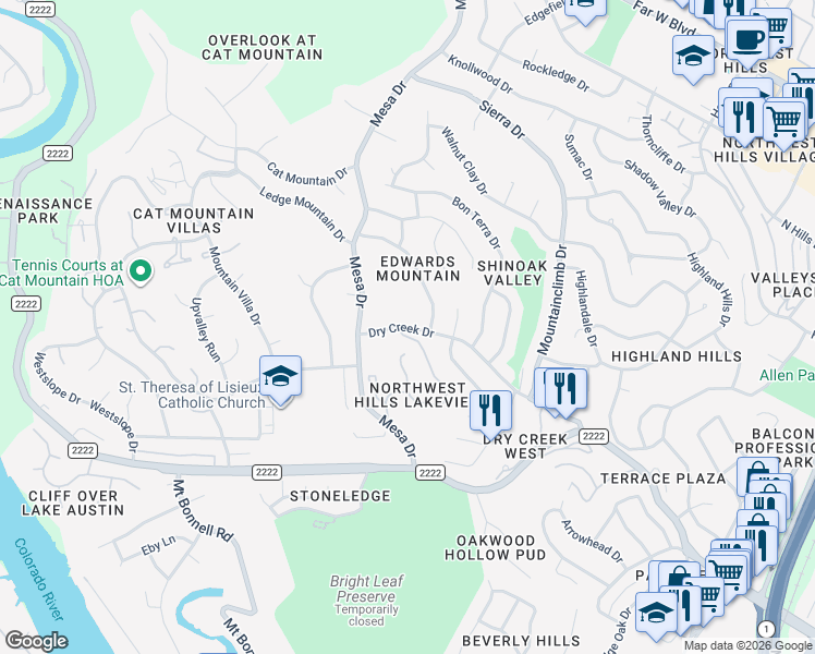 map of restaurants, bars, coffee shops, grocery stores, and more near 4008 Dry Creek Drive in Austin