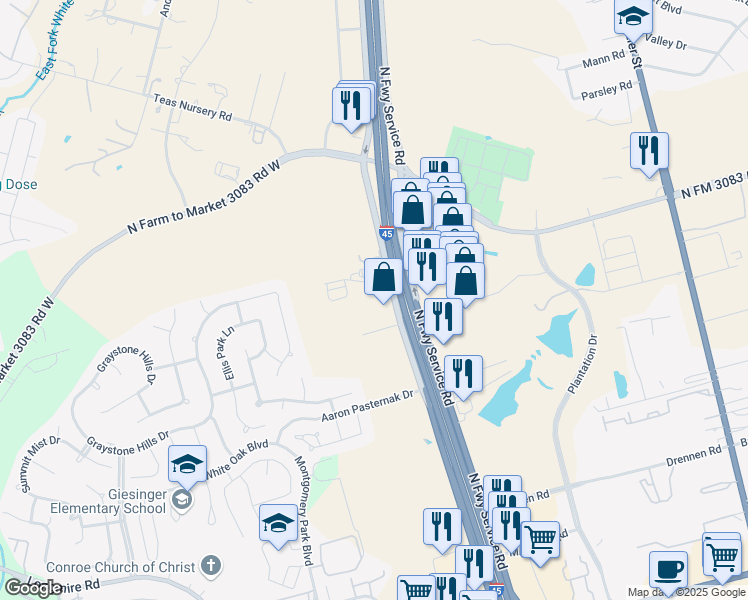 map of restaurants, bars, coffee shops, grocery stores, and more near 2551 Interstate 45 North in Conroe