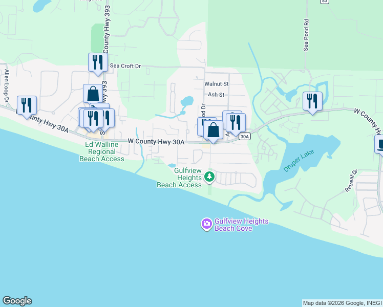 map of restaurants, bars, coffee shops, grocery stores, and more near 104 Emerald Dunes Circle in Santa Rosa Beach