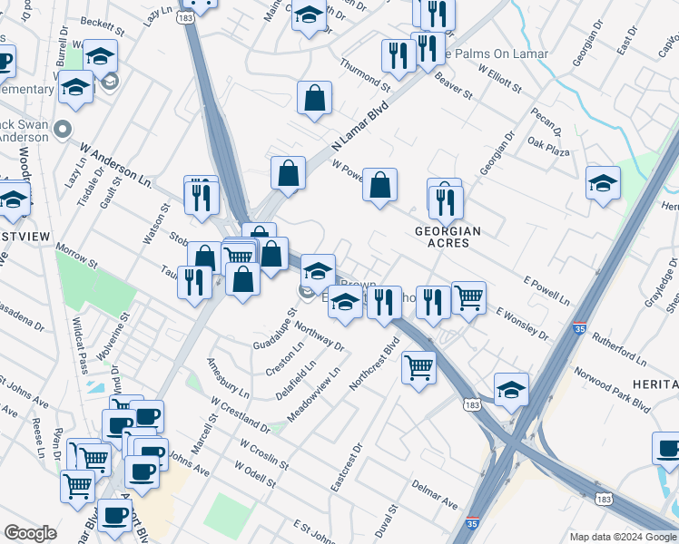 map of restaurants, bars, coffee shops, grocery stores, and more near 500 West Anderson Lane in Austin