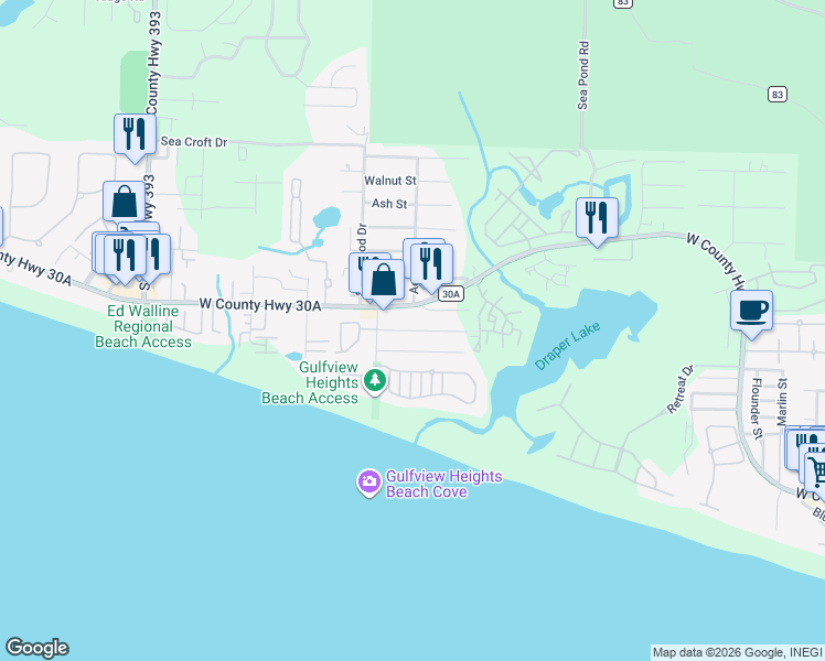 map of restaurants, bars, coffee shops, grocery stores, and more near 6 Buddy Street in Santa Rosa Beach