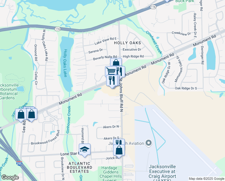 map of restaurants, bars, coffee shops, grocery stores, and more near 1531 Monument Road in Jacksonville