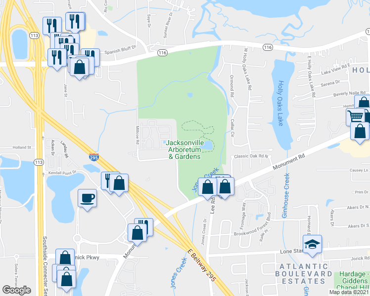 map of restaurants, bars, coffee shops, grocery stores, and more near 1445 Millcoe Road in Jacksonville