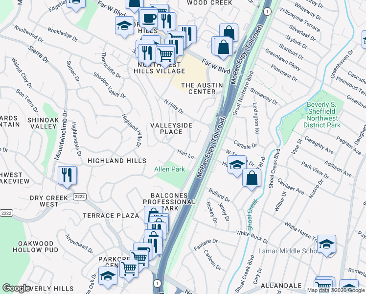 map of restaurants, bars, coffee shops, grocery stores, and more near 6508 East Hill Drive in Austin