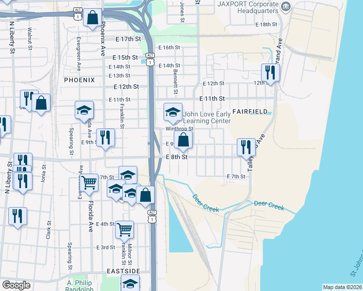 map of restaurants, bars, coffee shops, grocery stores, and more near 1540 East 9th Street in Jacksonville