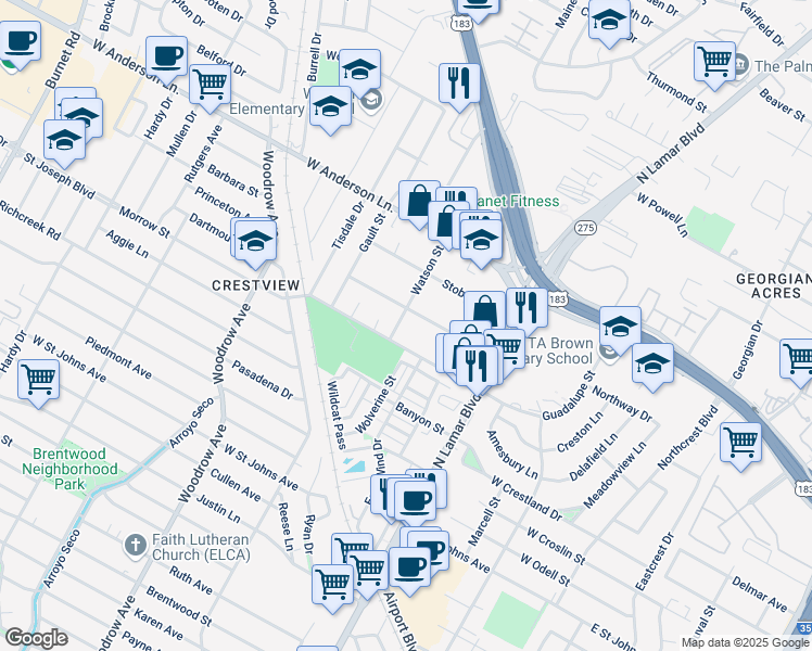 map of restaurants, bars, coffee shops, grocery stores, and more near 1011 Taulbee Lane in Austin