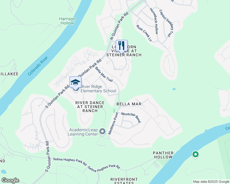 map of restaurants, bars, coffee shops, grocery stores, and more near 317 Calistoga Court in Austin