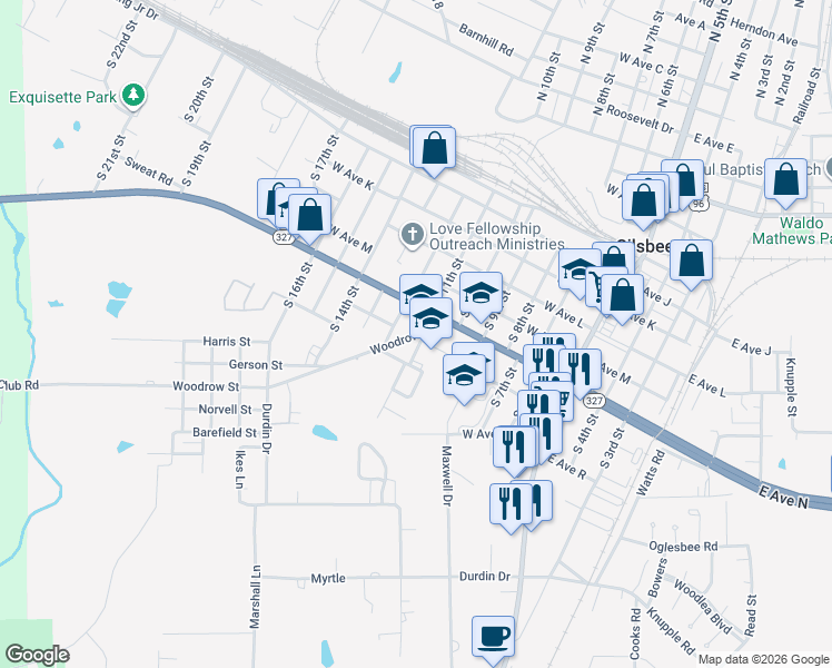 map of restaurants, bars, coffee shops, grocery stores, and more near 695 Woodrow Street in Silsbee
