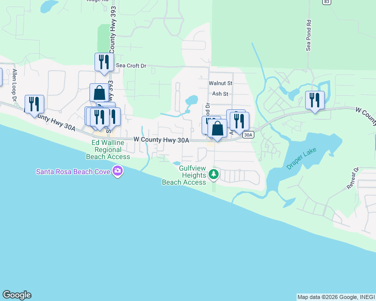 map of restaurants, bars, coffee shops, grocery stores, and more near 3959 West County Highway 30A in Santa Rosa Beach