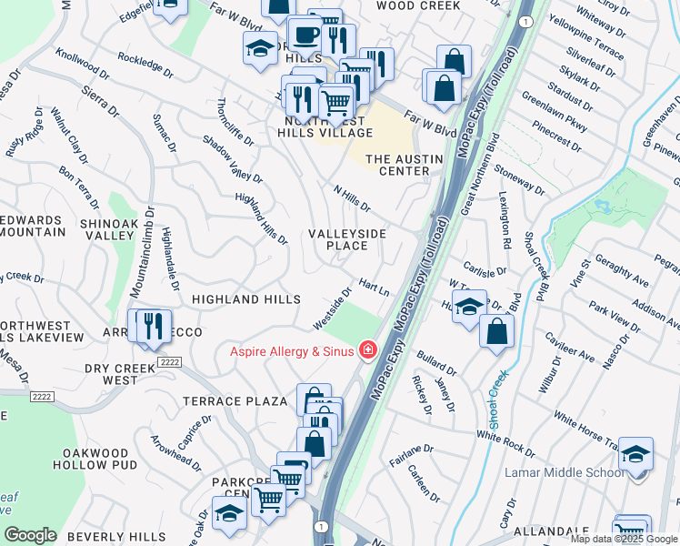 map of restaurants, bars, coffee shops, grocery stores, and more near 6470 Hart Lane in Austin