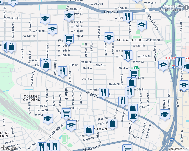 map of restaurants, bars, coffee shops, grocery stores, and more near 1623 Mc Conihe Street in Jacksonville