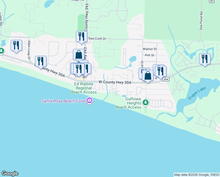 map of restaurants, bars, coffee shops, grocery stores, and more near 42 South Spooky Lane in Santa Rosa Beach