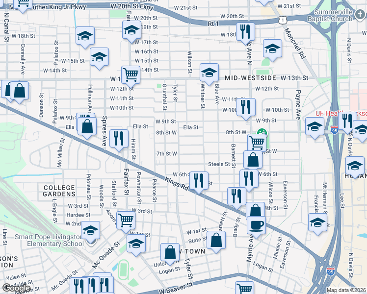 map of restaurants, bars, coffee shops, grocery stores, and more near 1541 Mc Conihe Street in Jacksonville