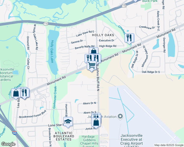 map of restaurants, bars, coffee shops, grocery stores, and more near 1531 Monument Road in Jacksonville