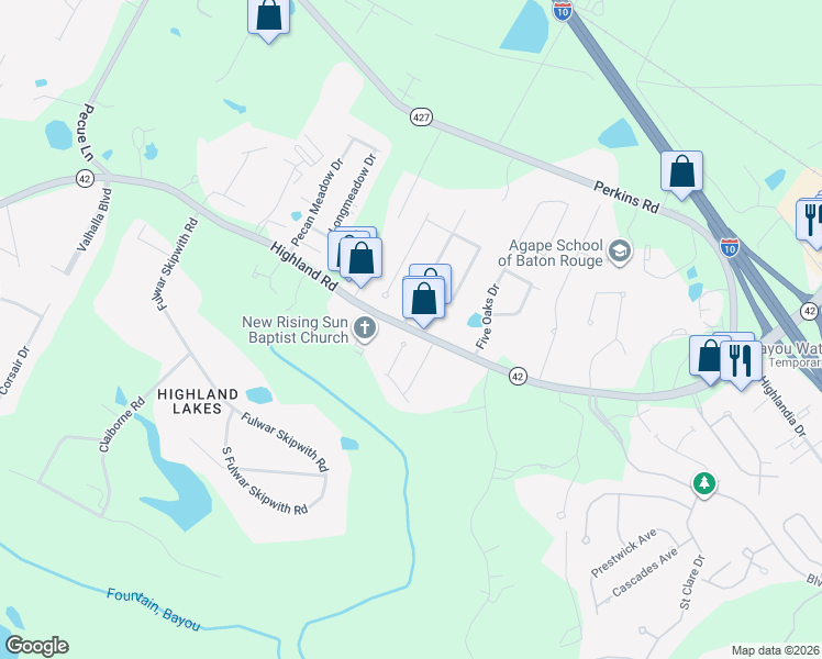map of restaurants, bars, coffee shops, grocery stores, and more near 16550 Highland Road in Baton Rouge