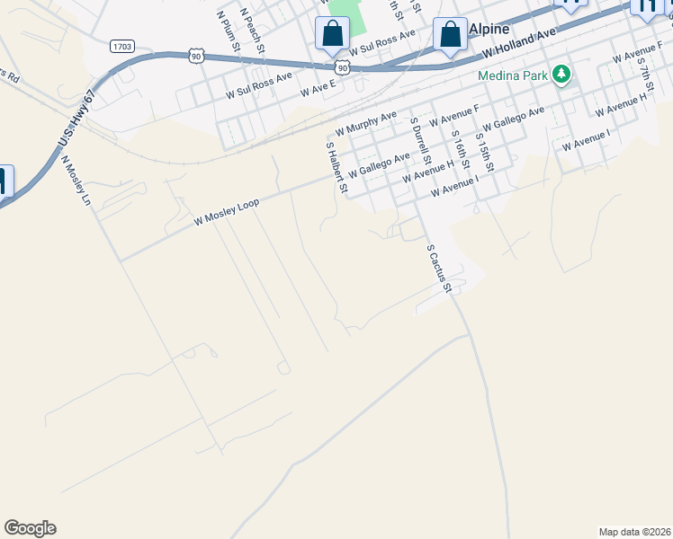 map of restaurants, bars, coffee shops, grocery stores, and more near Live Oak Street in Alpine