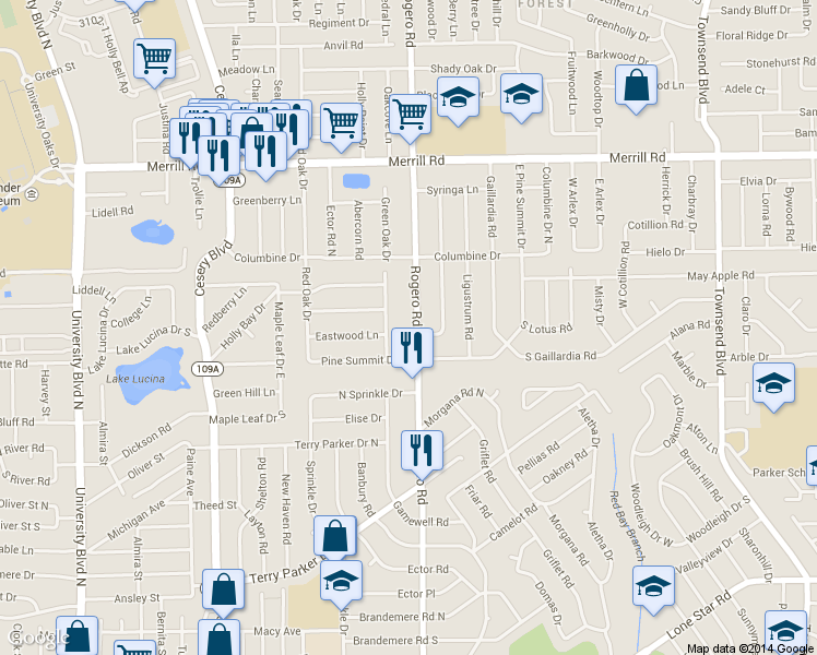 map of restaurants, bars, coffee shops, grocery stores, and more near 2304 Rogero Road in Jacksonville