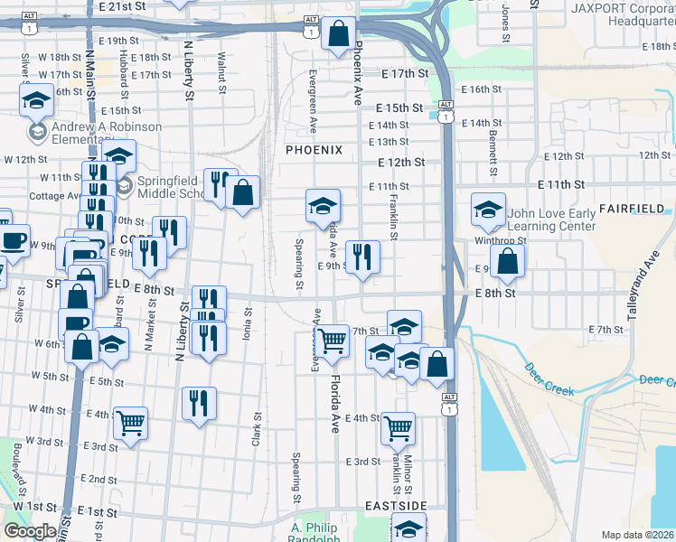 map of restaurants, bars, coffee shops, grocery stores, and more near in Jacksonville