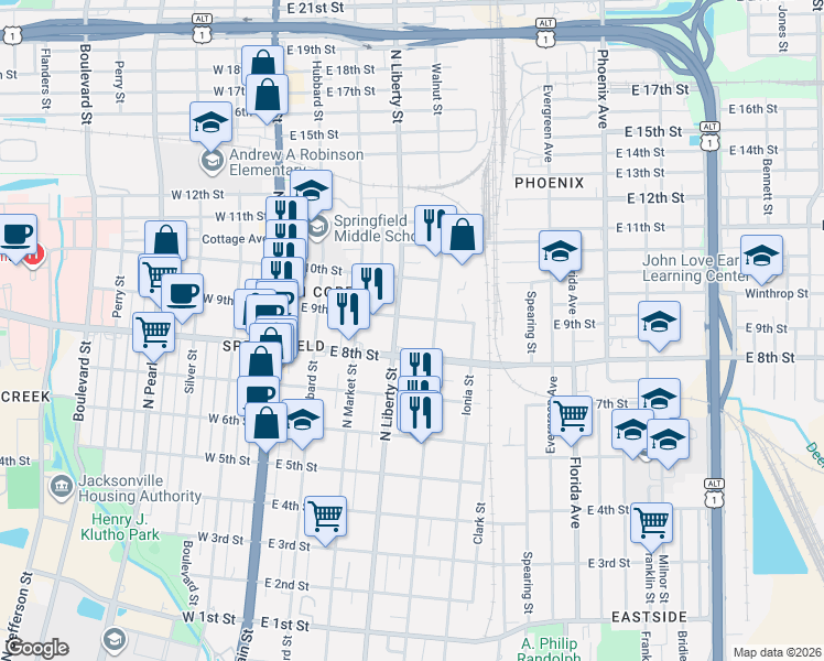map of restaurants, bars, coffee shops, grocery stores, and more near 346 East 9th Street in Jacksonville