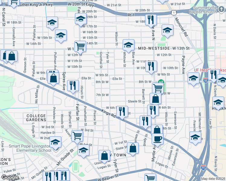 map of restaurants, bars, coffee shops, grocery stores, and more near 1541 Mc Conihe Street in Jacksonville