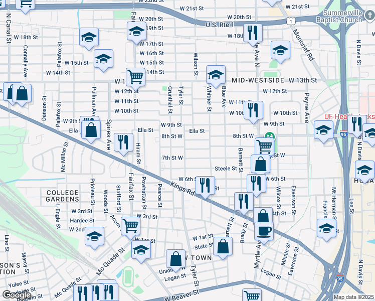 map of restaurants, bars, coffee shops, grocery stores, and more near 1623 Mc Conihe Street in Jacksonville