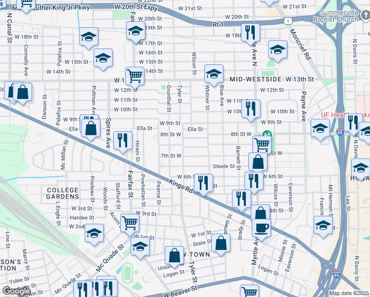 map of restaurants, bars, coffee shops, grocery stores, and more near 1623 Mc Conihe Street in Jacksonville