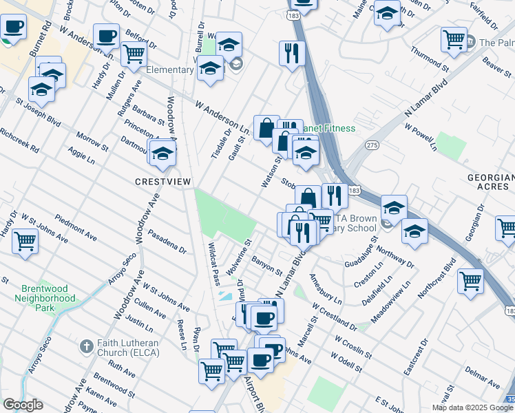 map of restaurants, bars, coffee shops, grocery stores, and more near 1011 Taulbee Lane in Austin