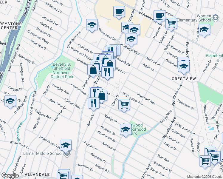 map of restaurants, bars, coffee shops, grocery stores, and more near 2110 Cullen Avenue in Austin