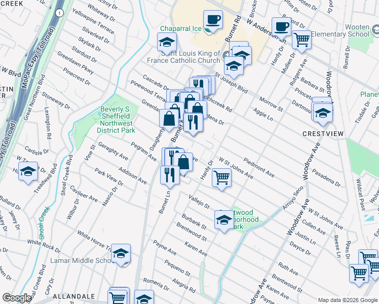 map of restaurants, bars, coffee shops, grocery stores, and more near 2106 Cullen Avenue in Austin