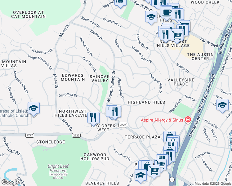 map of restaurants, bars, coffee shops, grocery stores, and more near 6101 Mountainclimb Drive in Austin