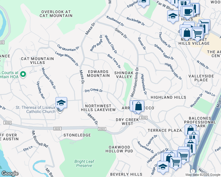map of restaurants, bars, coffee shops, grocery stores, and more near 6006 Bon Terra Drive in Austin