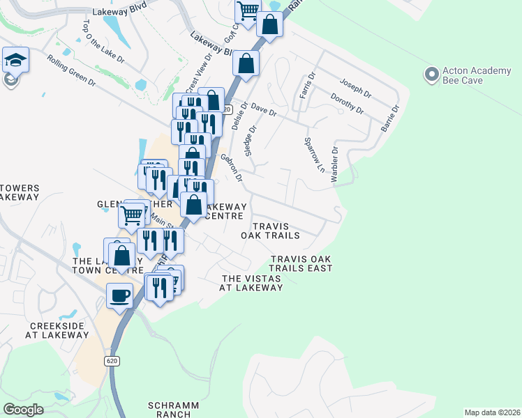 map of restaurants, bars, coffee shops, grocery stores, and more near 15205 Gebron Drive in Austin