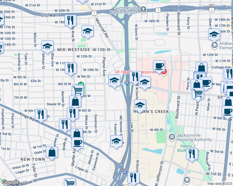map of restaurants, bars, coffee shops, grocery stores, and more near 1741 Francis Street in Jacksonville