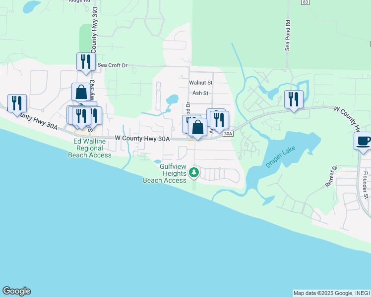 map of restaurants, bars, coffee shops, grocery stores, and more near 57 Emerald Dunes Circle in Santa Rosa Beach