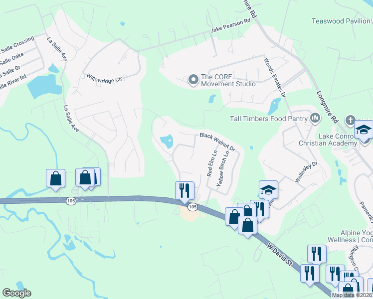 map of restaurants, bars, coffee shops, grocery stores, and more near 320 Red Maple Lane in Conroe