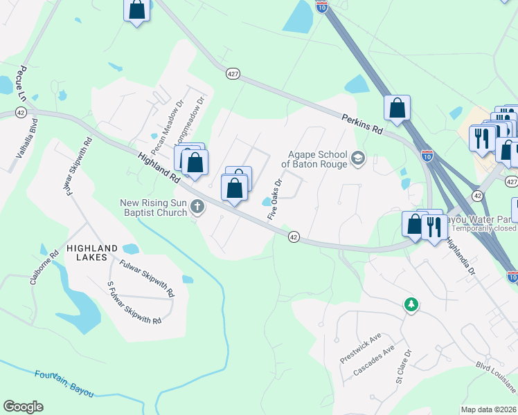 map of restaurants, bars, coffee shops, grocery stores, and more near 16645 Highland Road in Baton Rouge