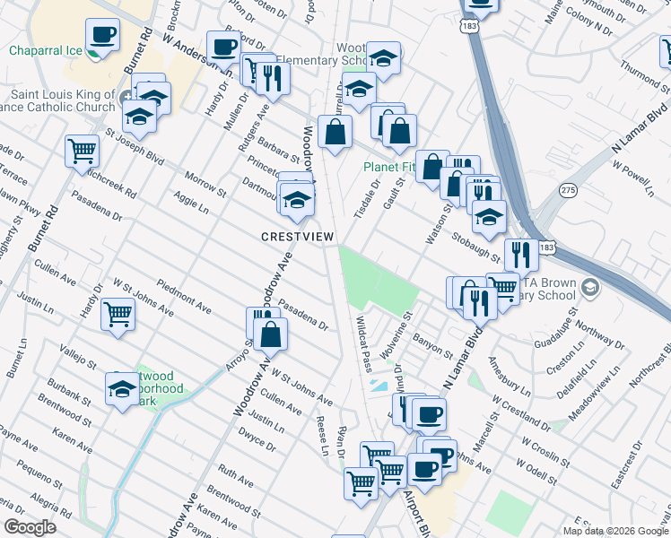 map of restaurants, bars, coffee shops, grocery stores, and more near 7519 Grover Avenue in Austin