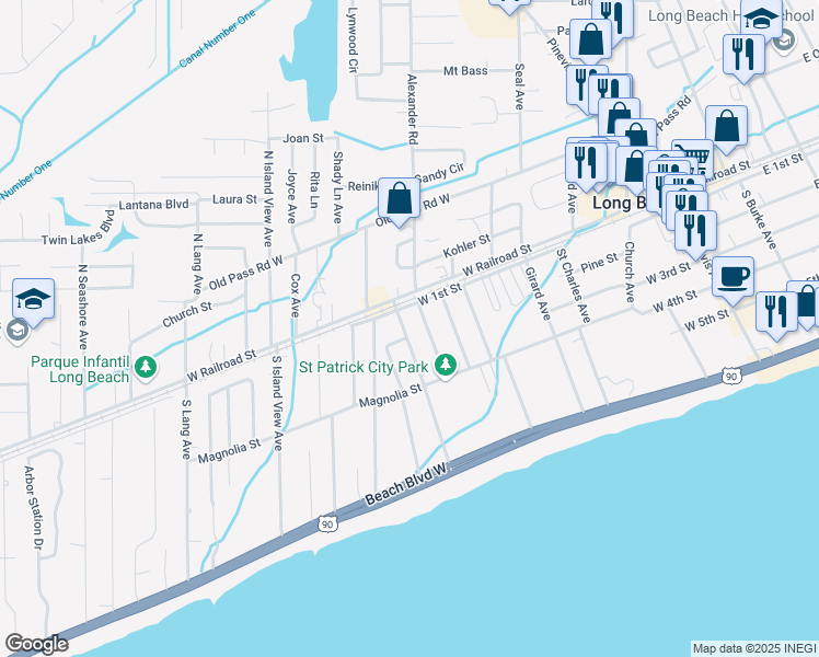 map of restaurants, bars, coffee shops, grocery stores, and more near 117 Trautman Avenue in Long Beach