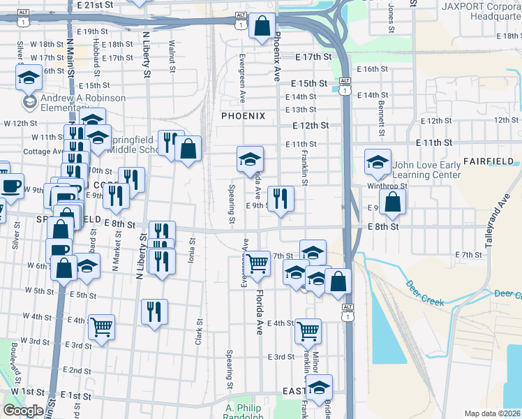 map of restaurants, bars, coffee shops, grocery stores, and more near in Jacksonville