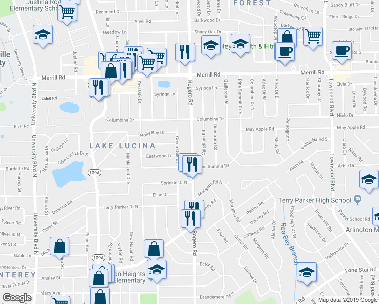 map of restaurants, bars, coffee shops, grocery stores, and more near 2304 Rogero Road in Jacksonville