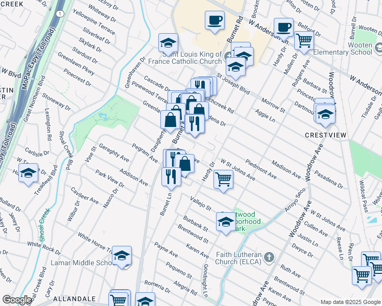map of restaurants, bars, coffee shops, grocery stores, and more near 2106 Cullen Avenue in Austin