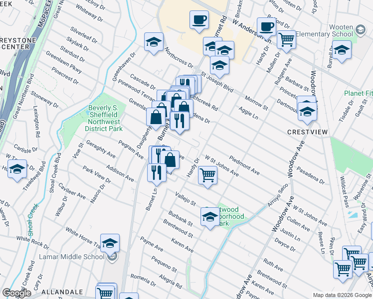 map of restaurants, bars, coffee shops, grocery stores, and more near 2110 Cullen Avenue in Austin