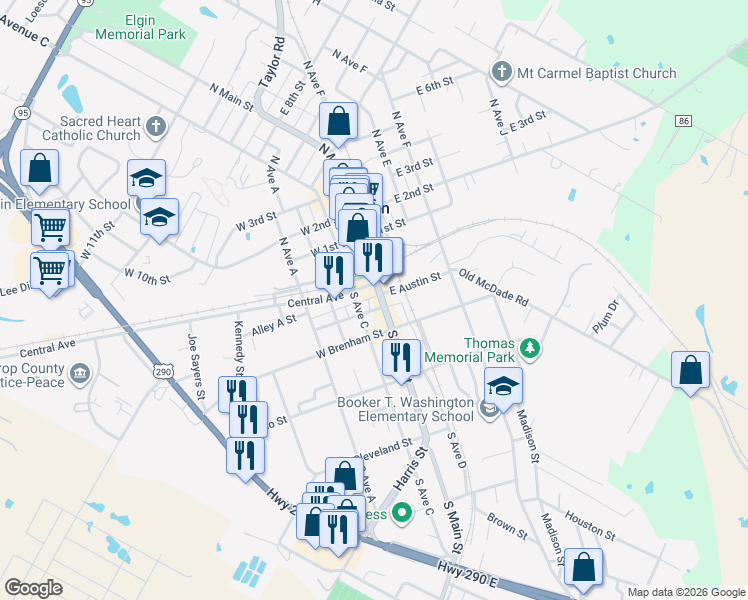 map of restaurants, bars, coffee shops, grocery stores, and more near 111 South Main Street in Elgin