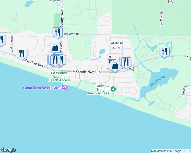map of restaurants, bars, coffee shops, grocery stores, and more near 4049 West County Highway 30A in Santa Rosa Beach
